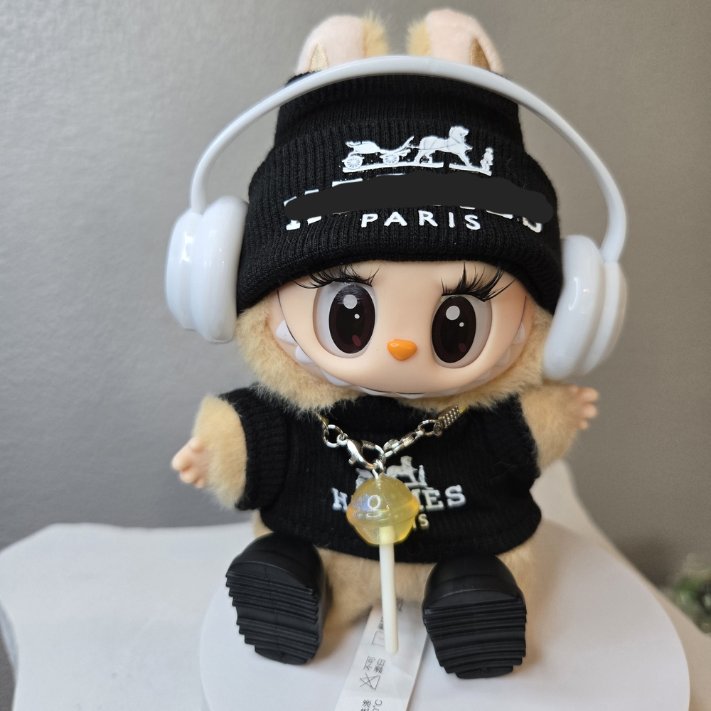 Cute Black and White Plush Doll with Headphones